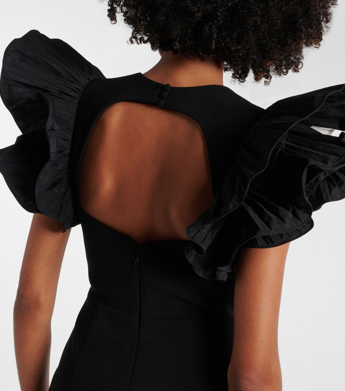 blanche ruffle crepe midi dress in black