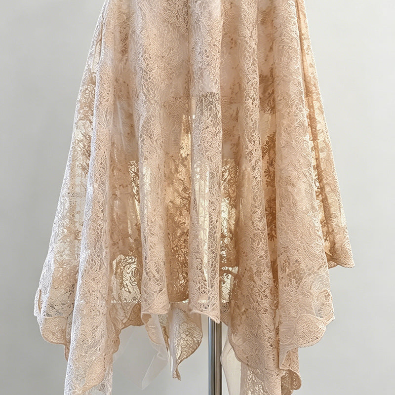 Beige Peach Floral Lace A-Line Midi Dress