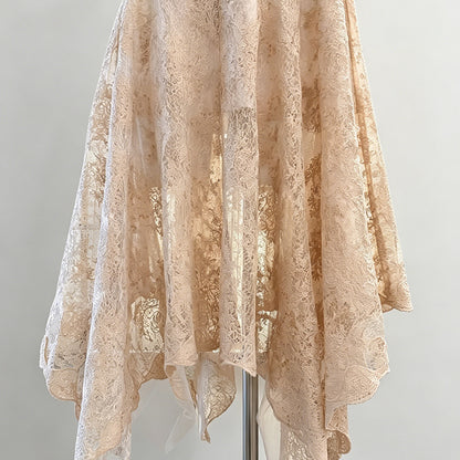 Beige Peach Floral Lace A-Line Midi Dress
