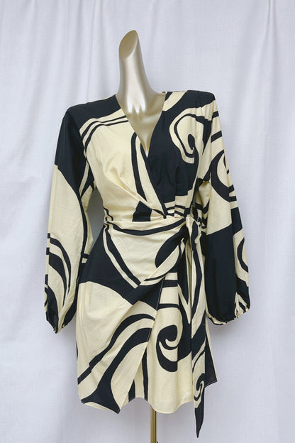 oceanic swirl v-neck puff sleeve mini dress