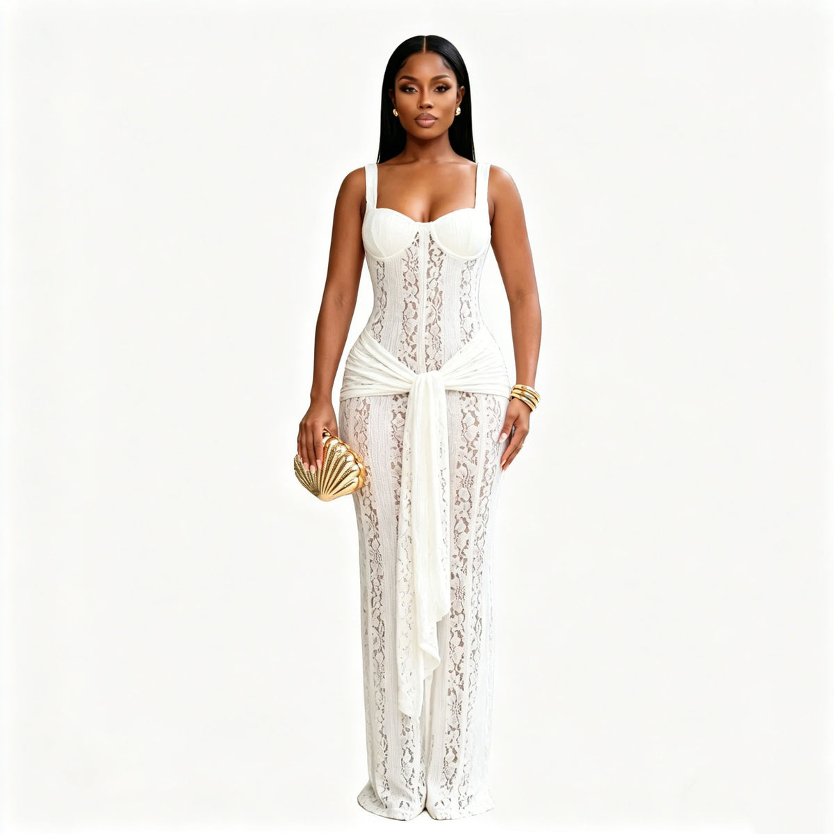 Corset Lace Maxi Dress with Draped Sash