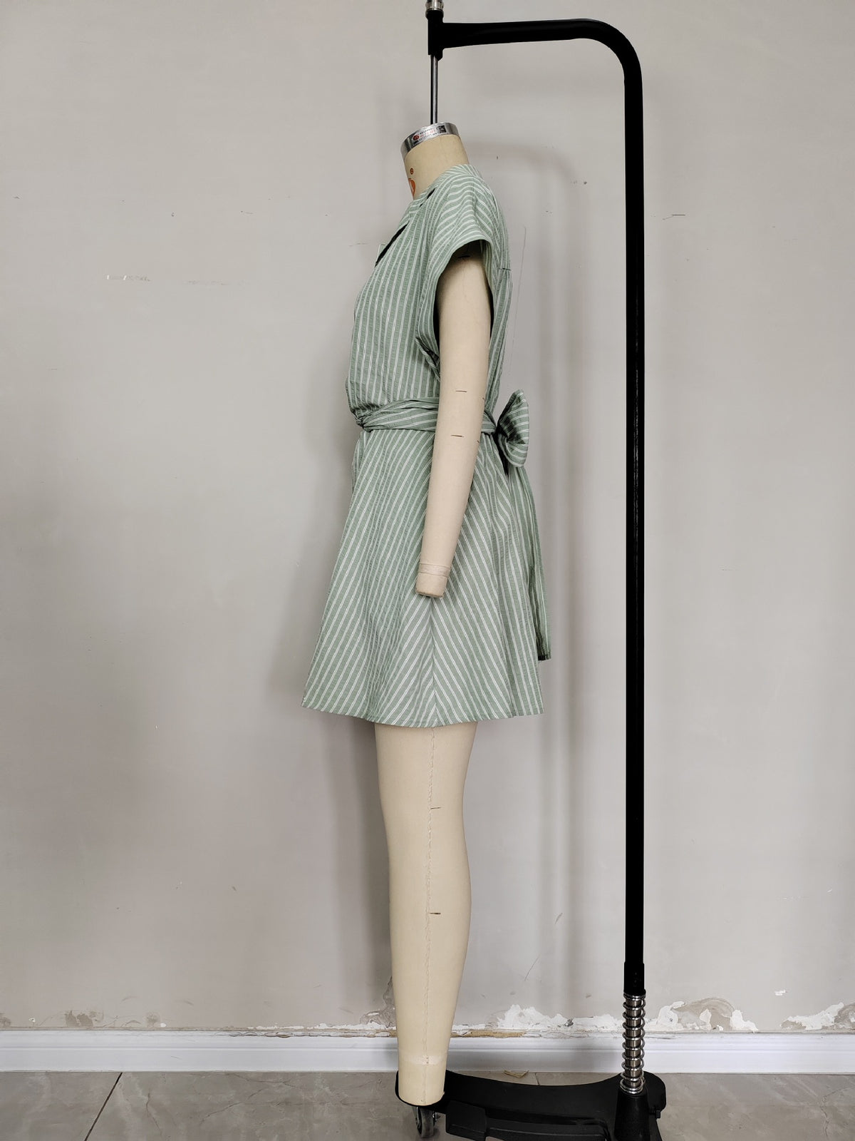 Mint White Stripe Collared Twist Waist Cutout Mini Shirt Dress