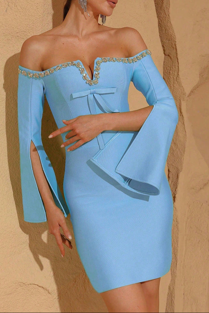 cara Off-shoulder long-sleeve diamond bodycon mini dress in blue
