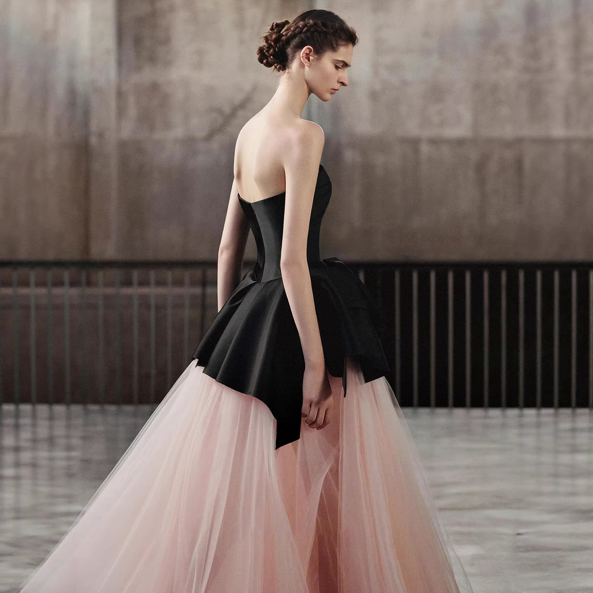 Strapless Satin Big Bow Contrast Pink Tulle Ball Gown