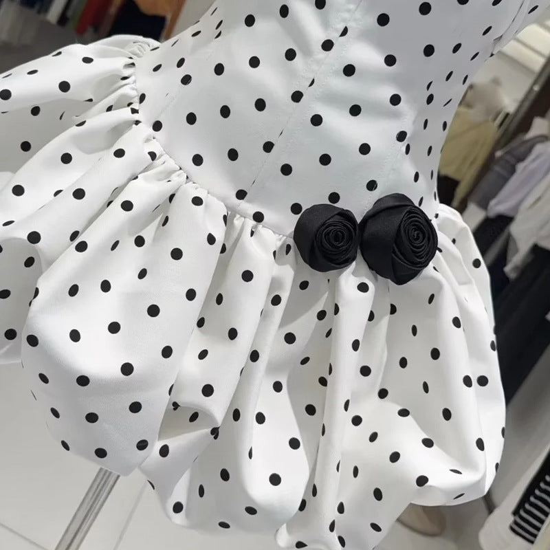 Polka Dot Strapless flower Corset Puff Mini Dress In white