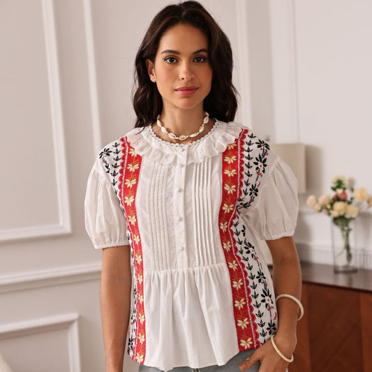 embroidered cotton short-sleeved lace hollow button top
