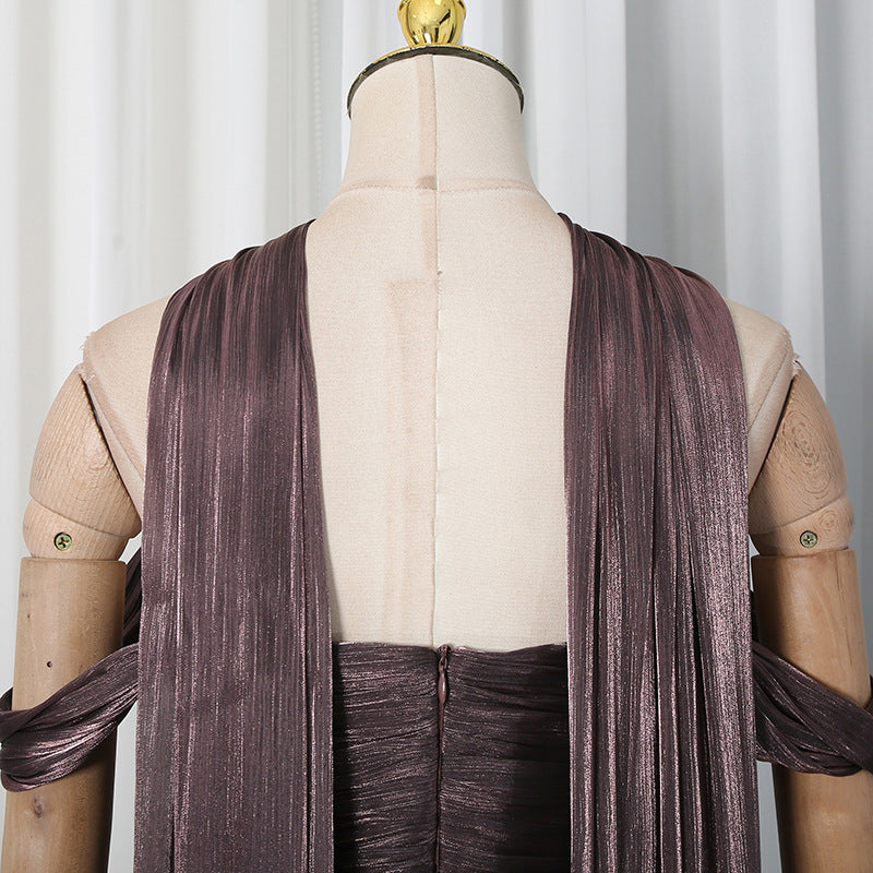 Bronze Metallic Draped A-Line Evening Gown with High Slit