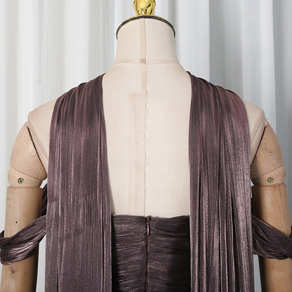 Bronze Metallic Draped A-Line Evening Gown with High Slit
