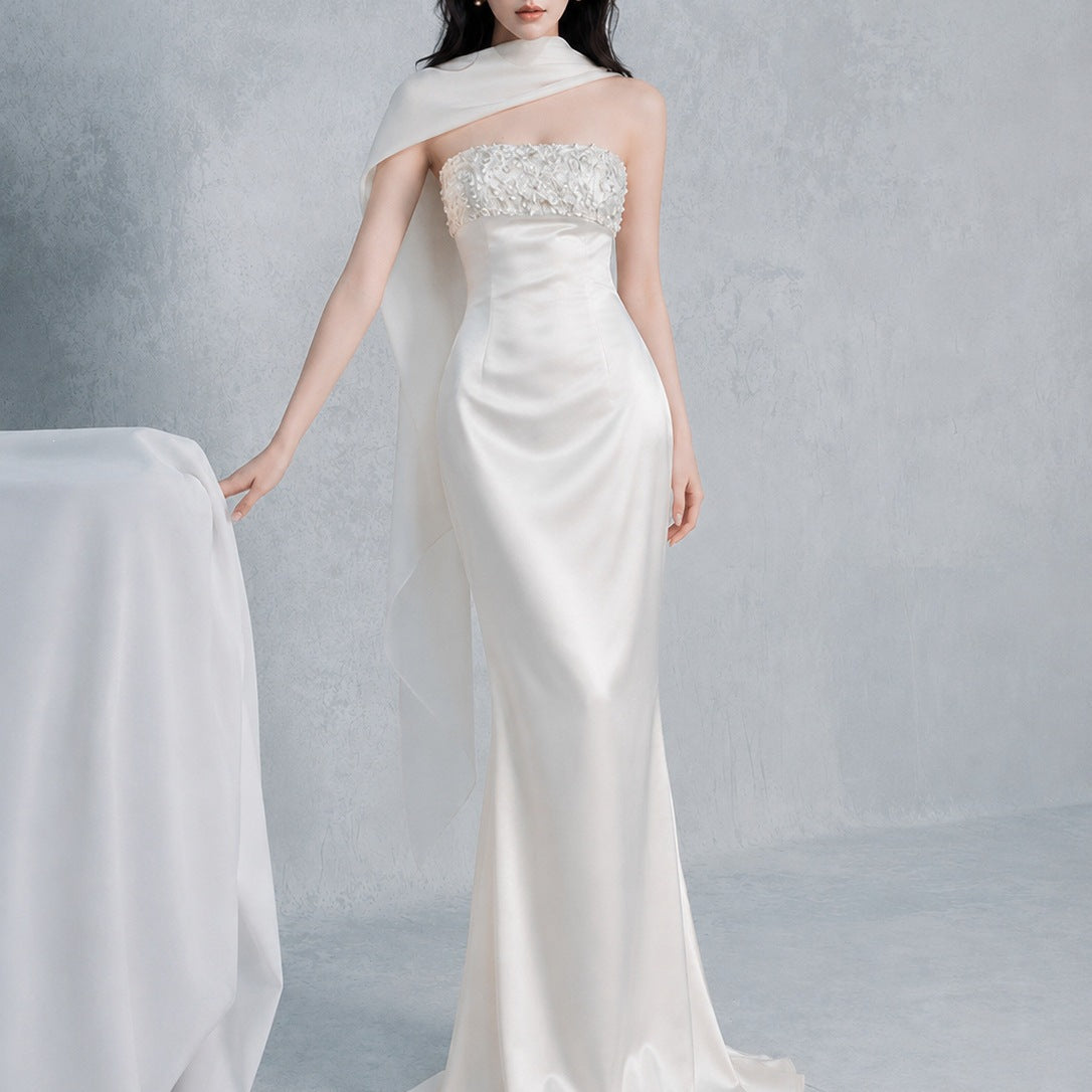 sylvia rhinestone embellish strapless satin maxi dress  - white