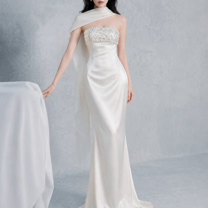 sylvia rhinestone embellish strapless satin maxi dress  - white