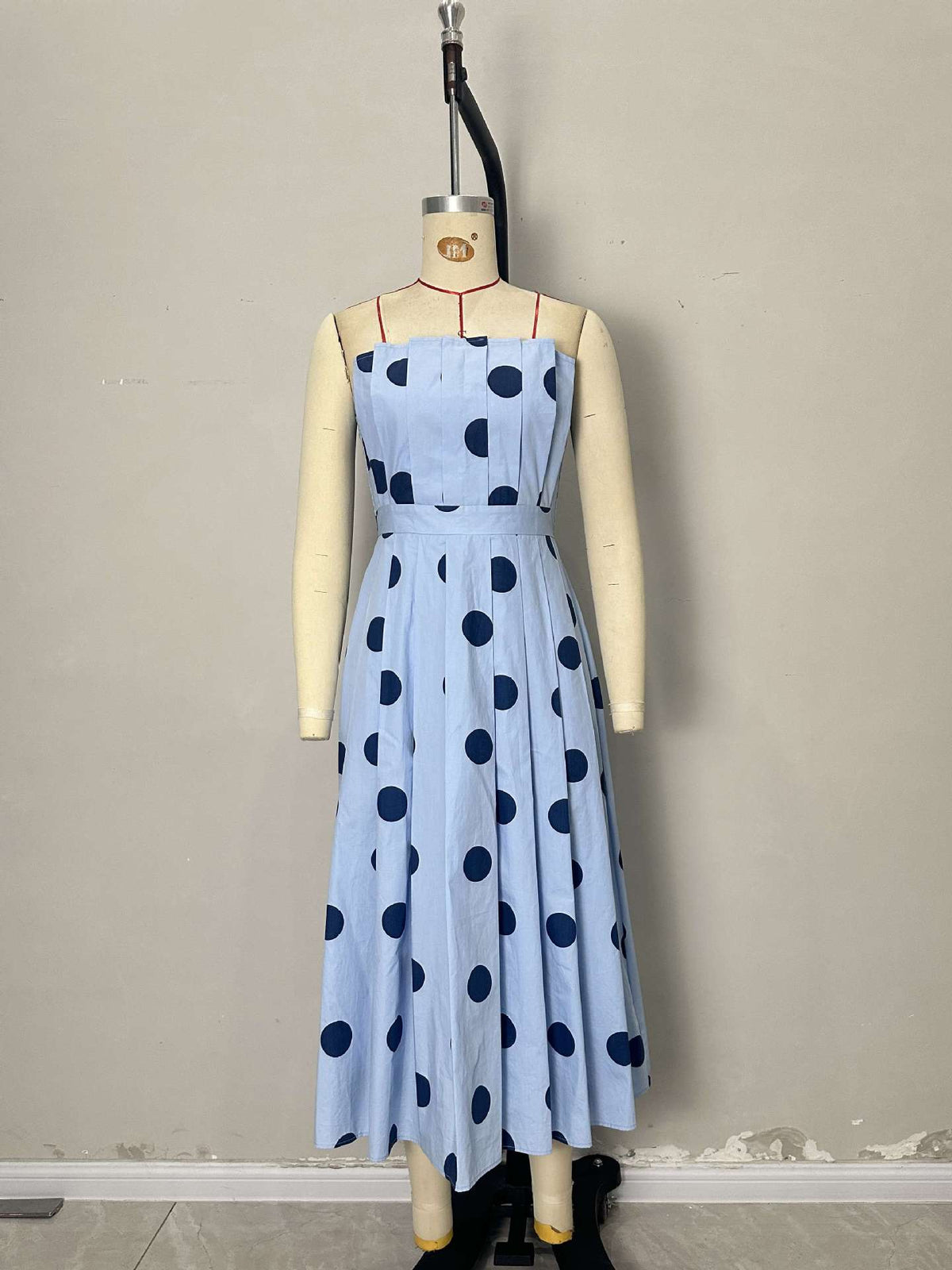 Light Blue Polka Dot Strapless Pleated Waist Midi Swing Dress Women Vintage Holiday Dress