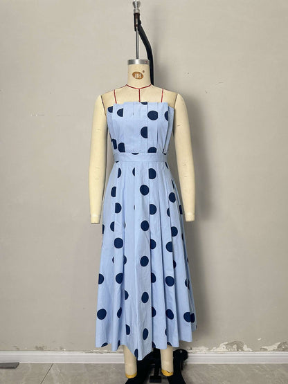 Light Blue Polka Dot Strapless Pleated Waist Midi Swing Dress Women Vintage Holiday Dress