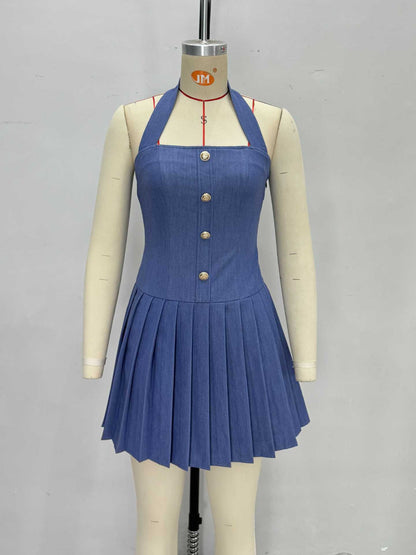 Light Denim Halter Square Neck Gold Button Pleated Mini Dress