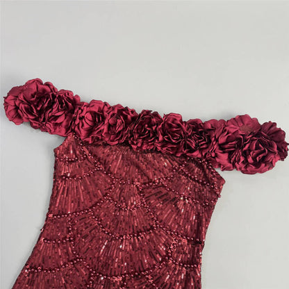 burgundy sequined mesh column gown