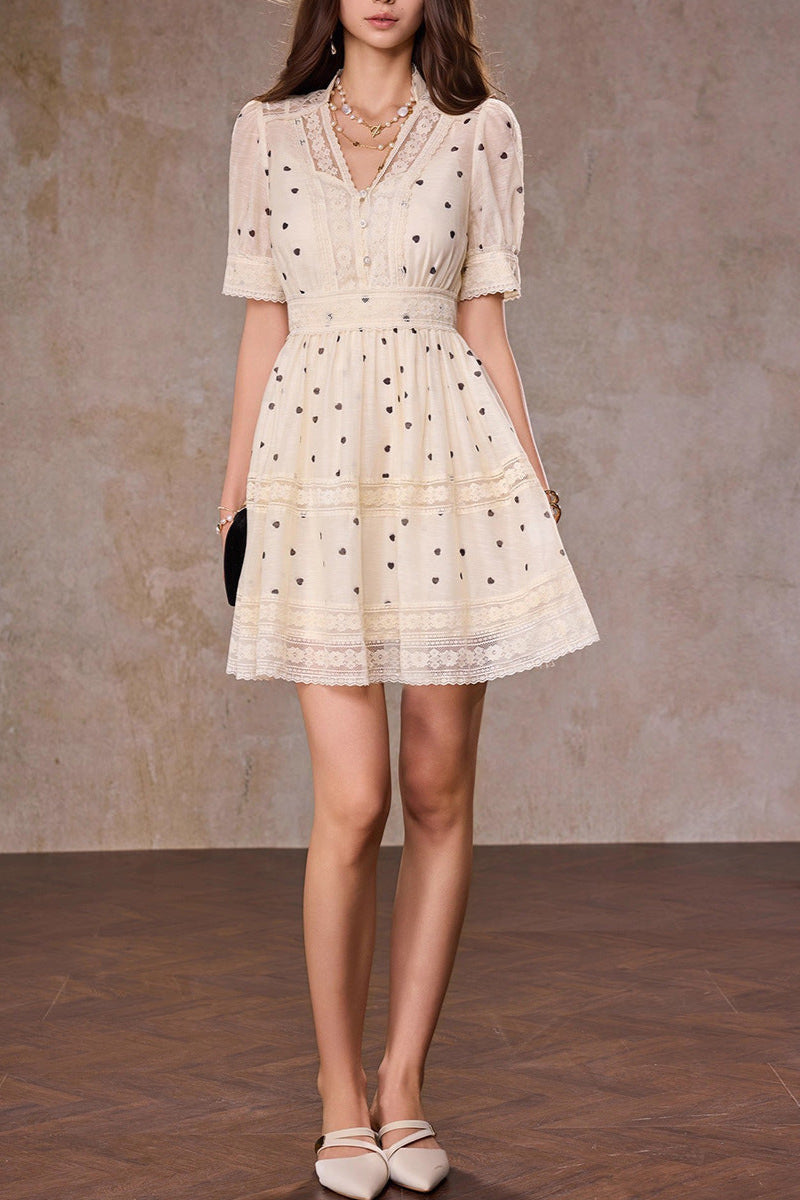 Polka dot V-neck a-line mini dress in apricot