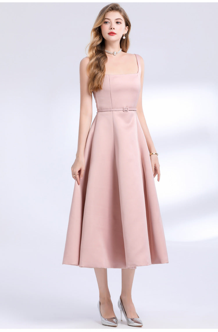 amelia square neck Satin Slip midi Dress - pink