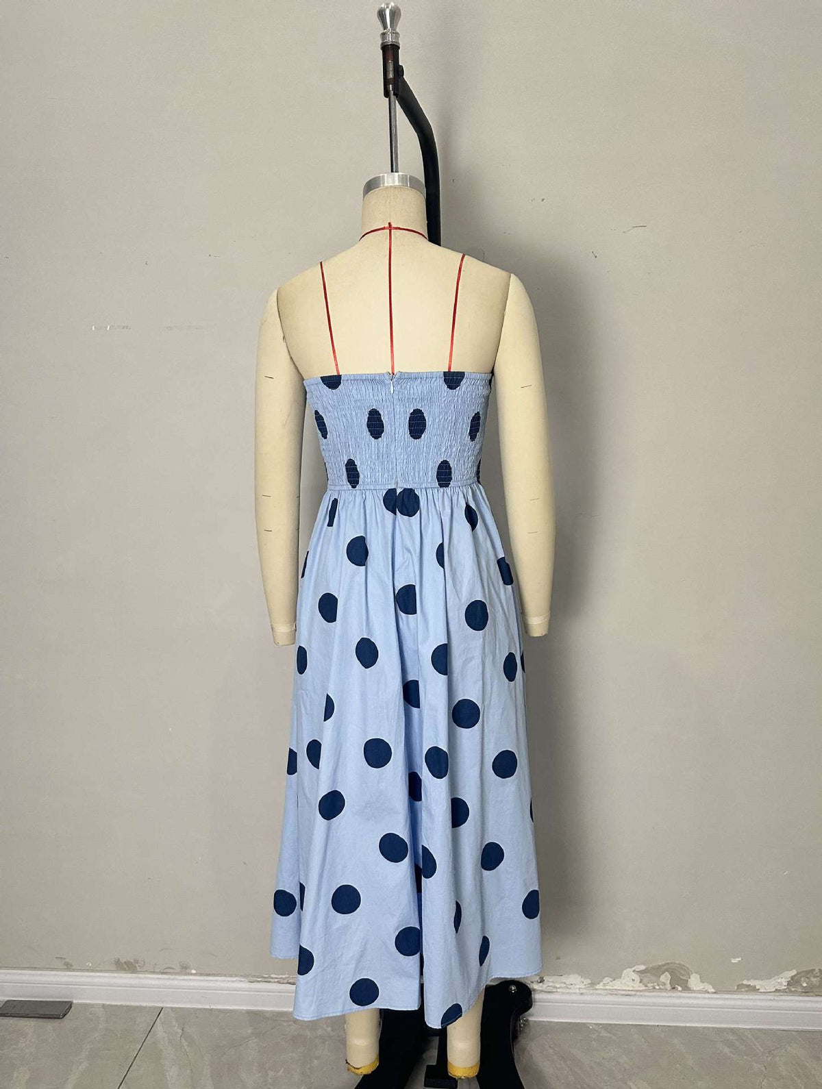 Light Blue Polka Dot Strapless Pleated Waist Midi Swing Dress Women Vintage Holiday Dress