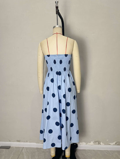 Light Blue Polka Dot Strapless Pleated Waist Midi Swing Dress Women Vintage Holiday Dress