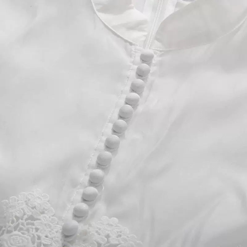 White Mandarin Collar Puff Sleeve Tiered Lace Midi Dress with Waist Sash