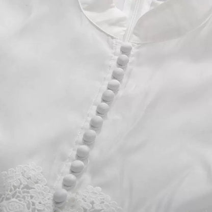White Mandarin Collar Puff Sleeve Tiered Lace Midi Dress with Waist Sash