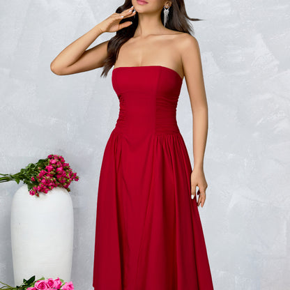 Strapless Side Ruched Flared Midi Dress