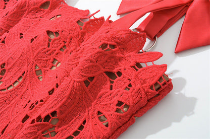 hermosa Bow Strap Embroidered Lace Maxi Dress in red