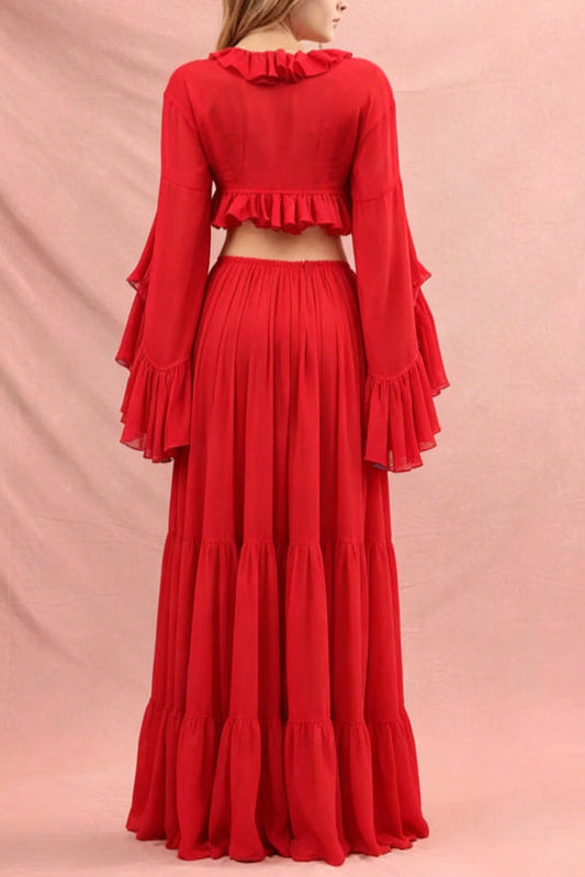 Ruffle cardigan crop top & maxi skirt set - red