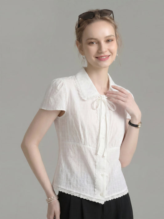Scalloped Lace Peter Pan Collar Bow Tie Grid Short Sleeve Blouse