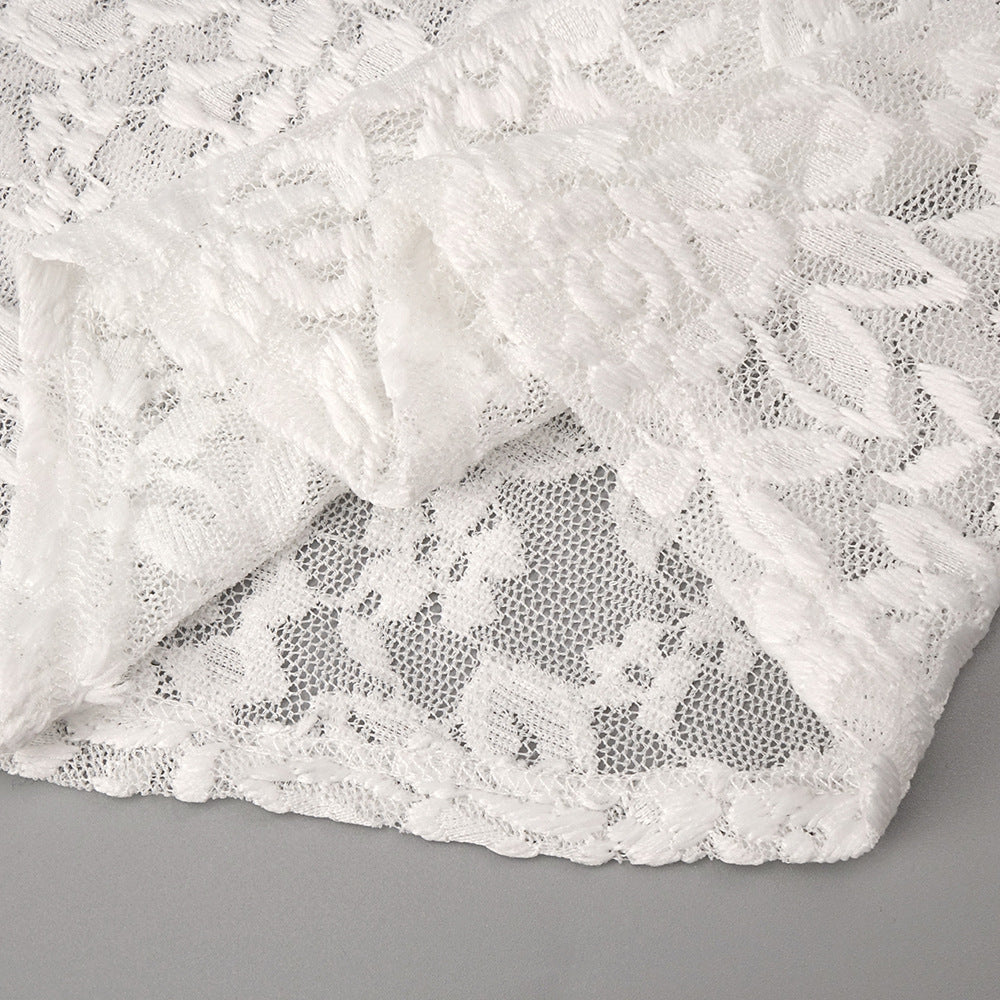 white lace column with front slit gown