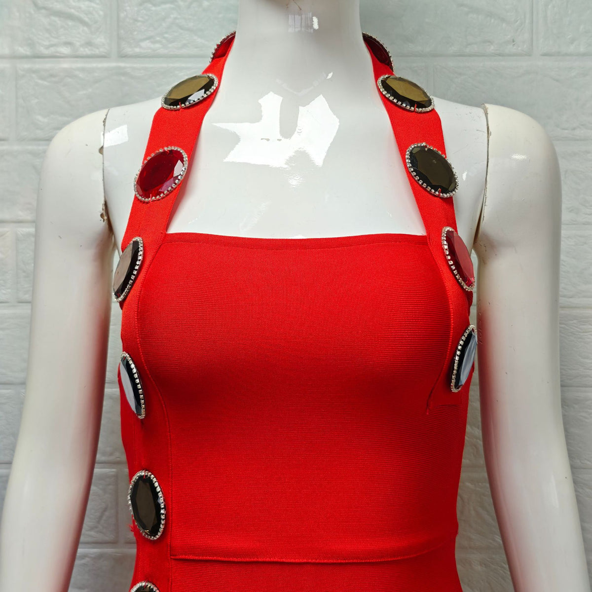red heavy stretch crepe column dress