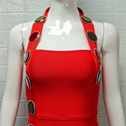 red heavy stretch crepe column dress