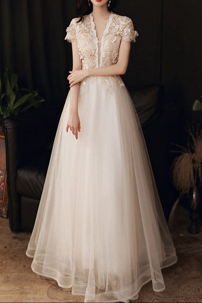 3D Floral Lace Short Sleeve Tulle Floor-Length Evening Gown