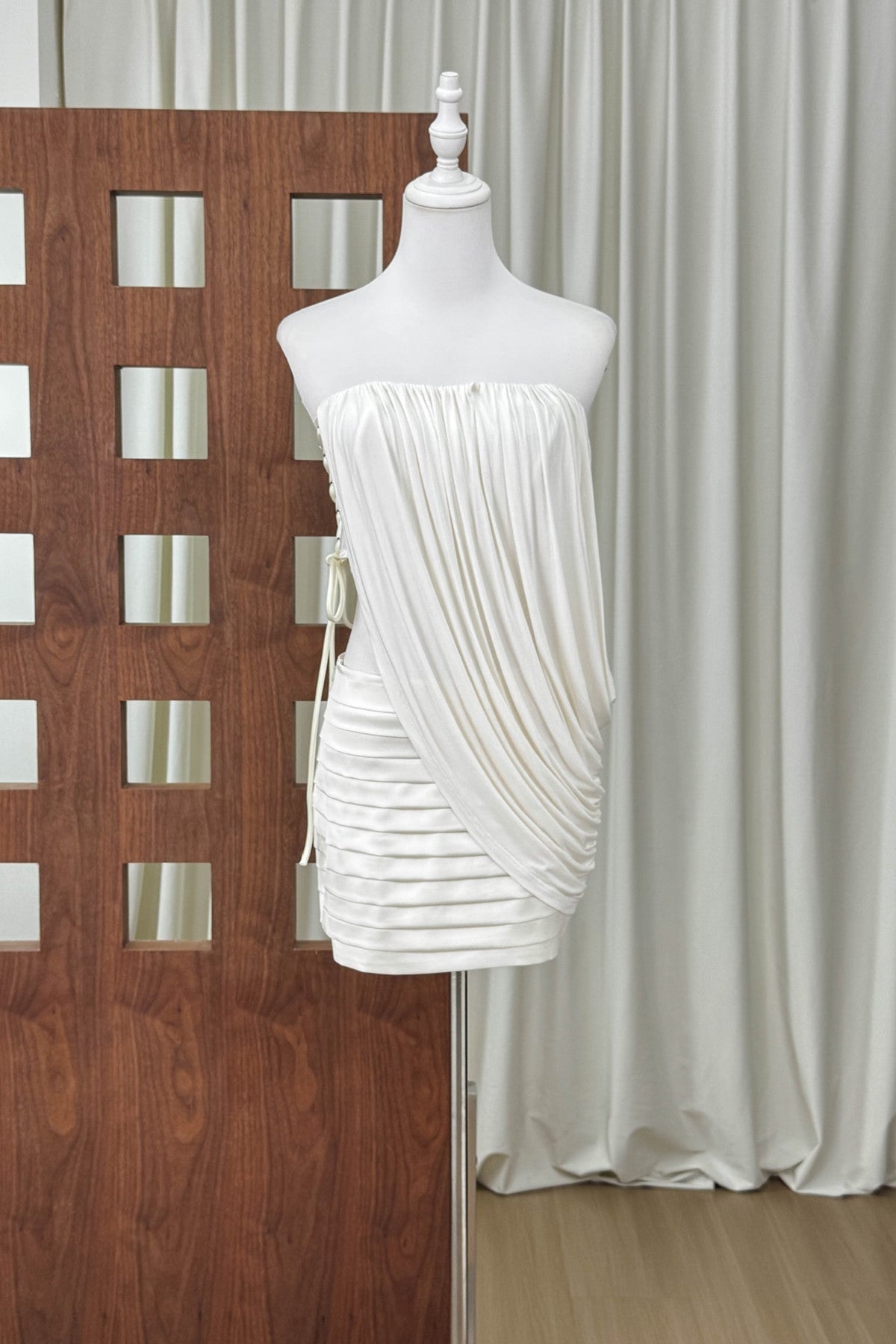 White Stretch Jersey Fitted Skirt with Draped Asymmetrical Top Two-Piece Set