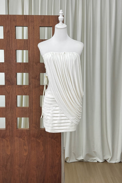 White Stretch Jersey Fitted Skirt with Draped Asymmetrical Top Two-Piece Set