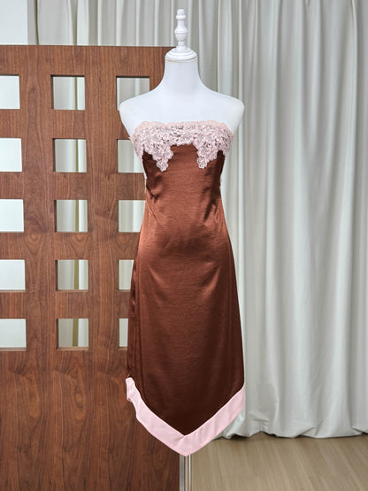 Bronze Satin Sheath Dress with Lace Applique