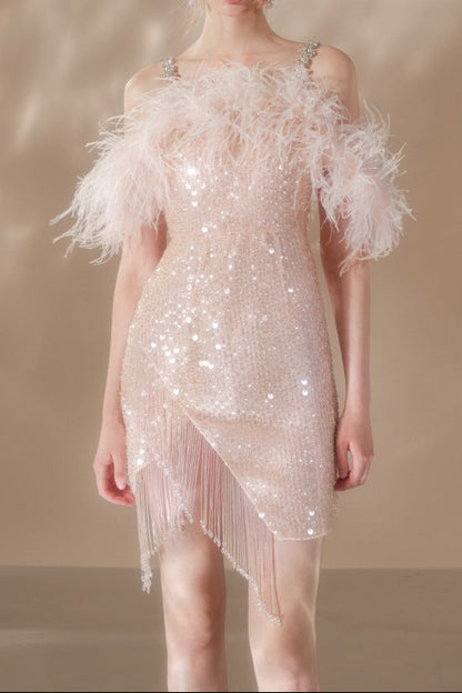 priscilla sequin feather crystal-strap mini dress in pink