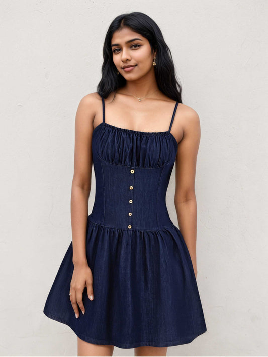 Dark Denim Spaghetti Strap Square Neck Button Front Fit And Flare Mini Dress Summer Casual Dress