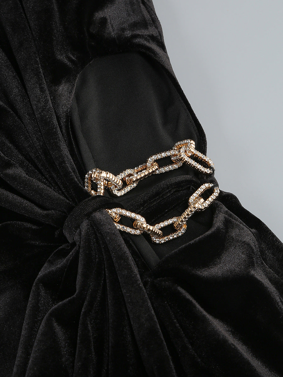 velvet crystal embellished maxi dress in black
