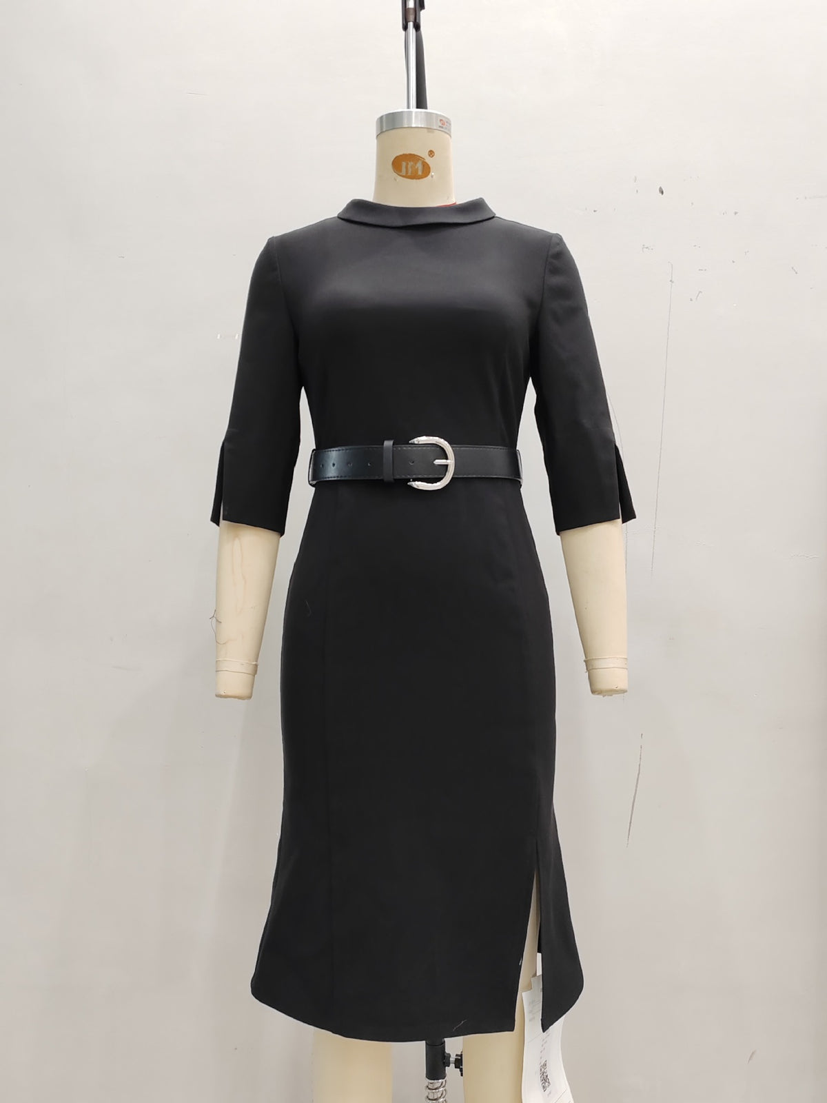 Black Folded Collar Split Cuff Midi Dress With Leather Belt