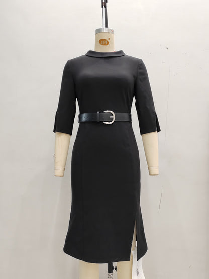 Black Folded Collar Split Cuff Midi Dress With Leather Belt
