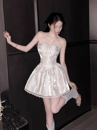adele White Sweetheart A-line Strapless Satin mini Dress