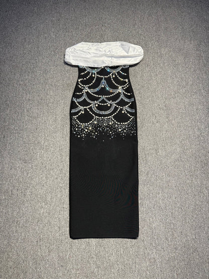 teresa beading rhinestone strapless midi dress in black