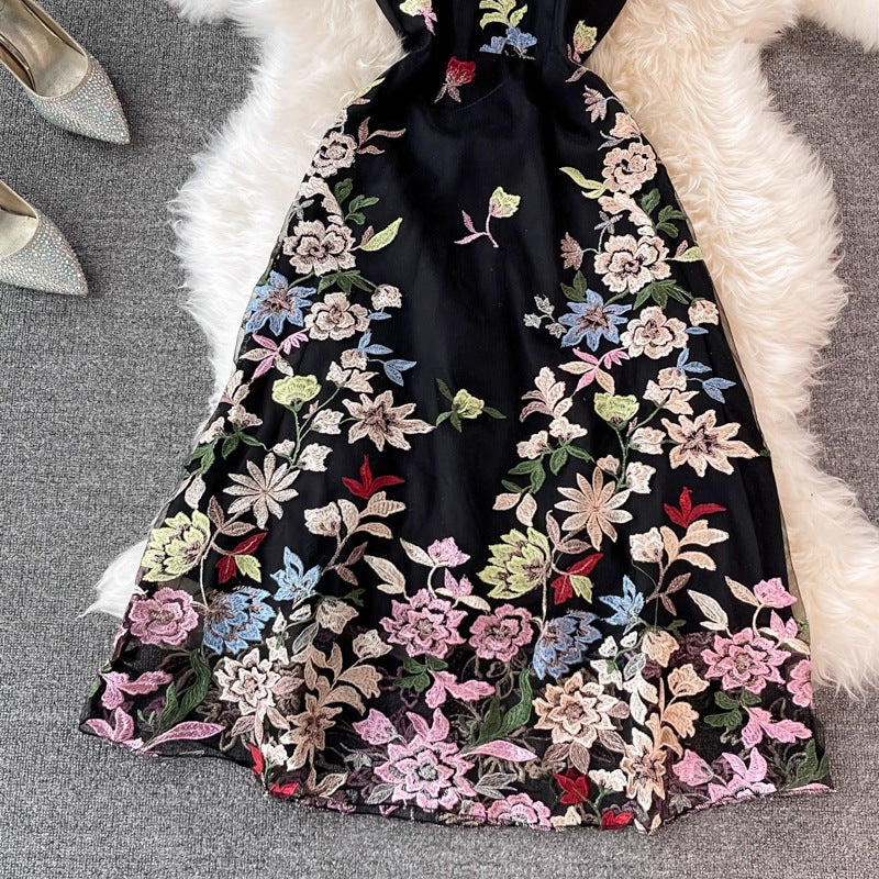 Black Floral Embroidery A-Line Midi Dress with Sheer Mesh Overlay
