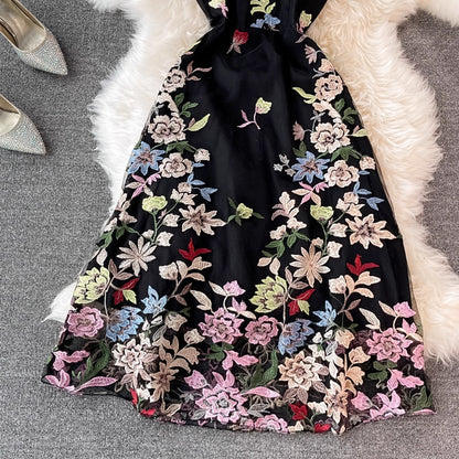 Black Floral Embroidery A-Line Midi Dress with Sheer Mesh Overlay