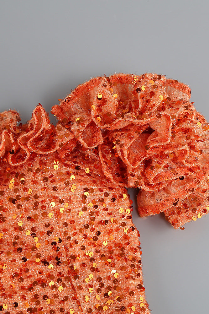 Orange Sequin One-Shoulder Floor-Length Gown
