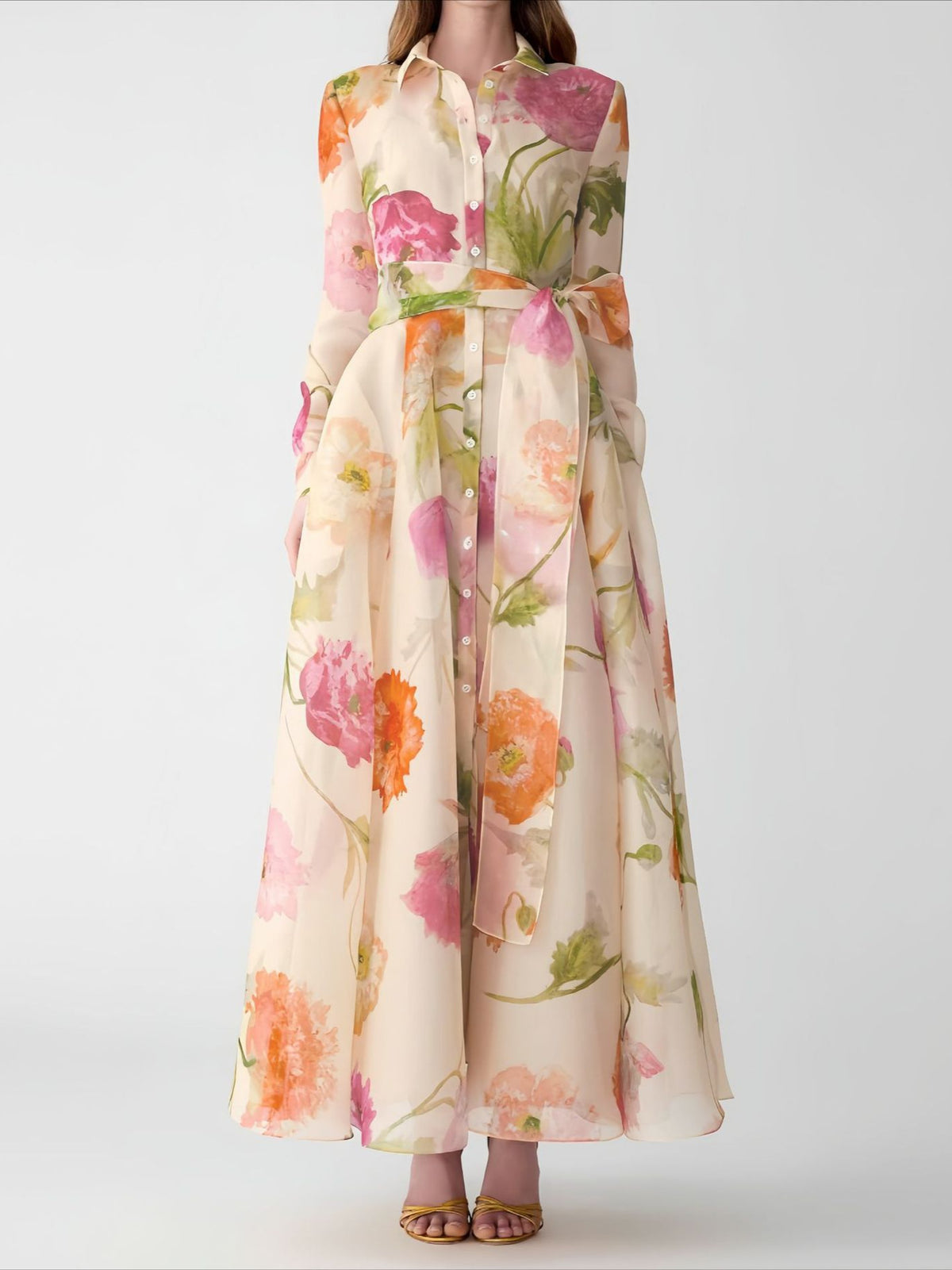 printed long sleeves strap dress