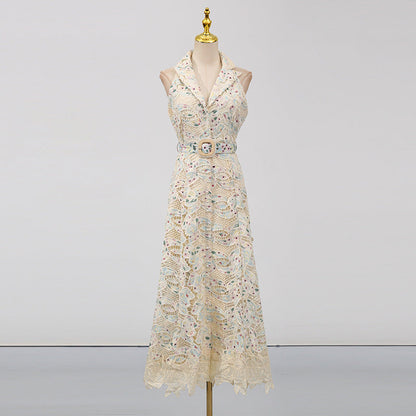 chloe sleeveless hollow lace maxi dress in beige