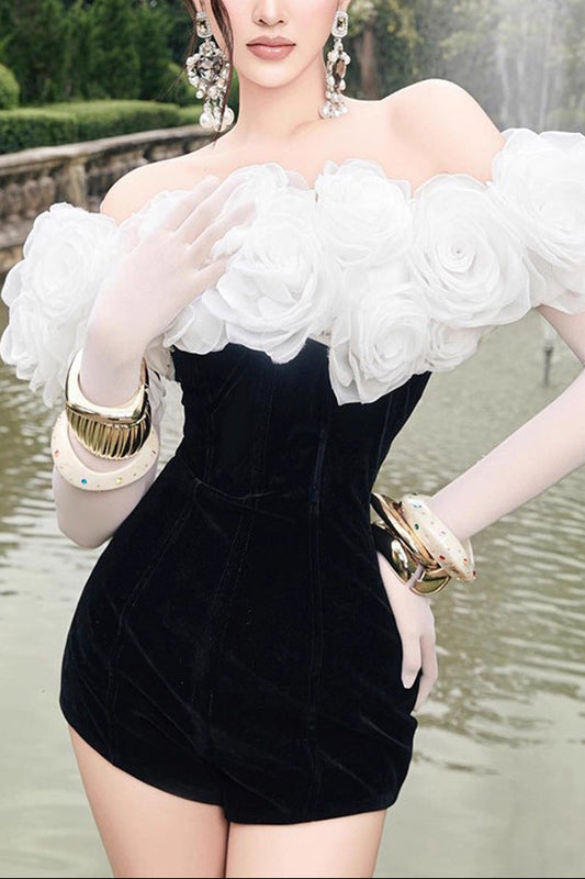 off-shoulder 3D flower bodycon jumpsuit in black