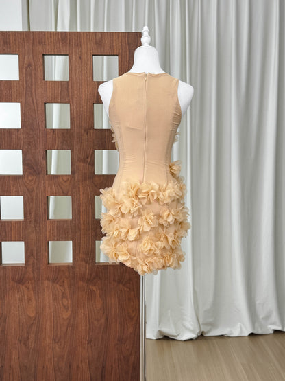 Beige Sheer Mesh Bodycon Mini Dress with 3D Floral Petals