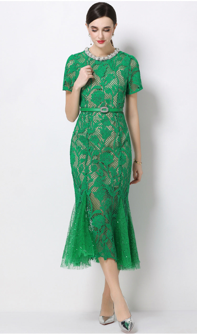 Rhinestone flower hollow lace fishtail midi dress - green